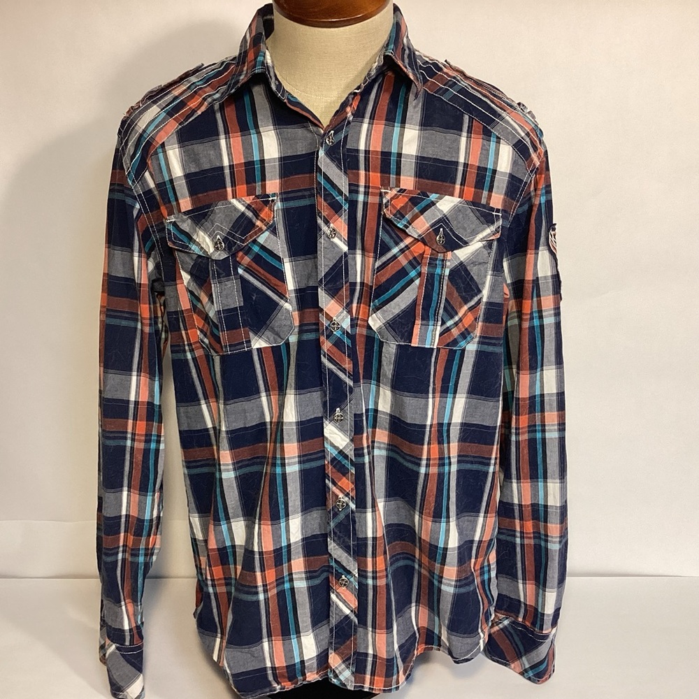 Affliction mens slim button down plaid shirt size medium